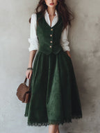 Midi Cotton Skirt (Shirt and Vest Not Included), Plain, Pocket Design, Vintage, Wine Red