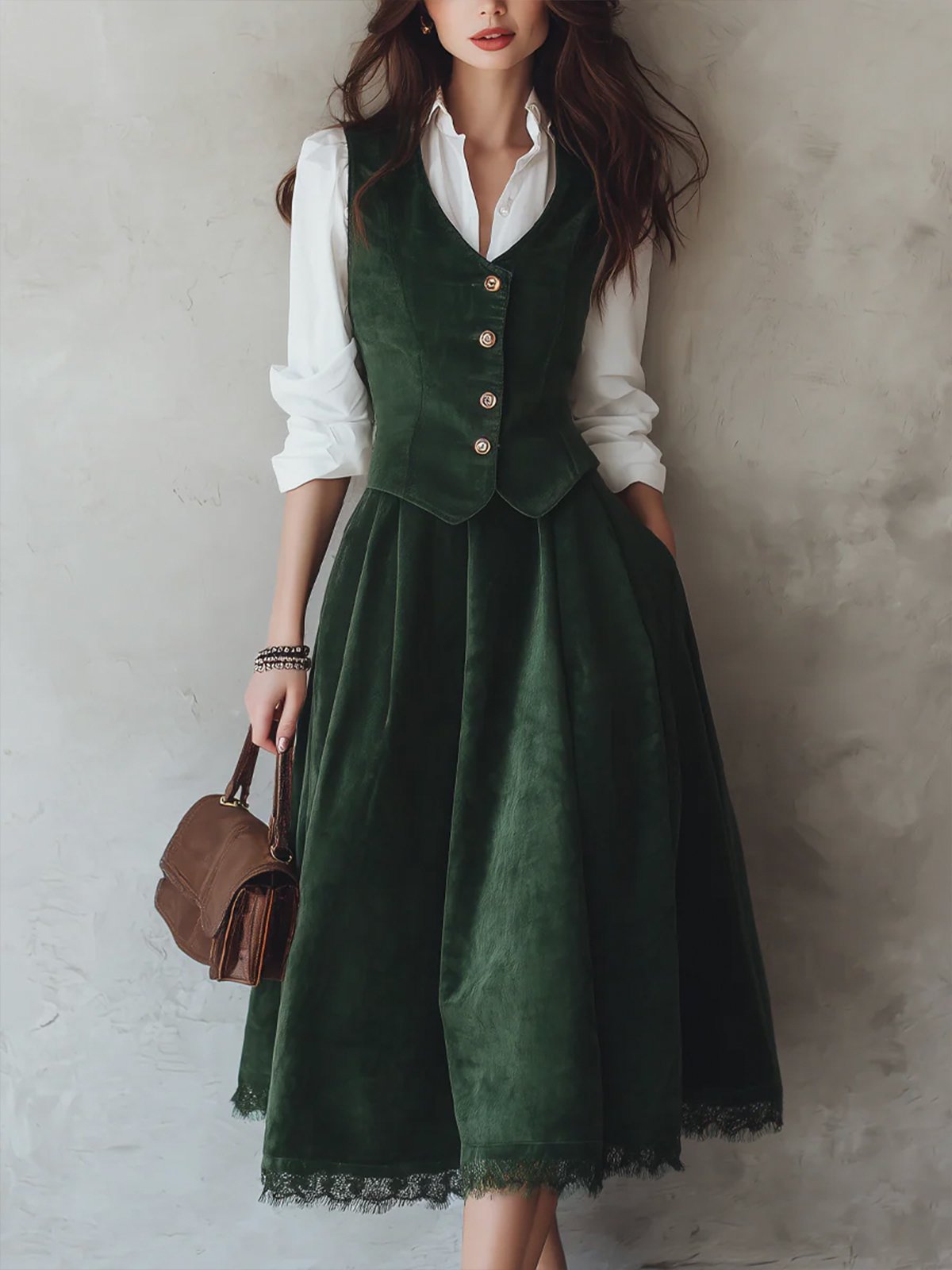 Midi Cotton Skirt (Shirt and Vest Not Included), Plain, Pocket Design, Vintage, Wine Red