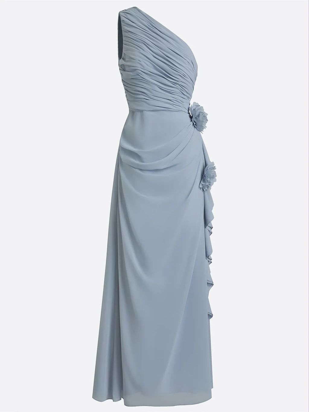 Light Blue 3D Floral Chiffon One Shoulder Sleeveless Sheath Maxi Dress