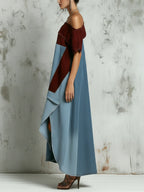 Cold-Shoulder Patchwork Denim Maxi Dress