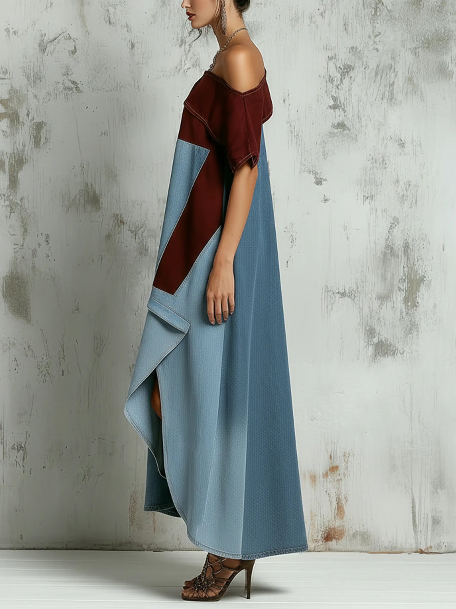 Cold-Shoulder Patchwork Denim Maxi Dress