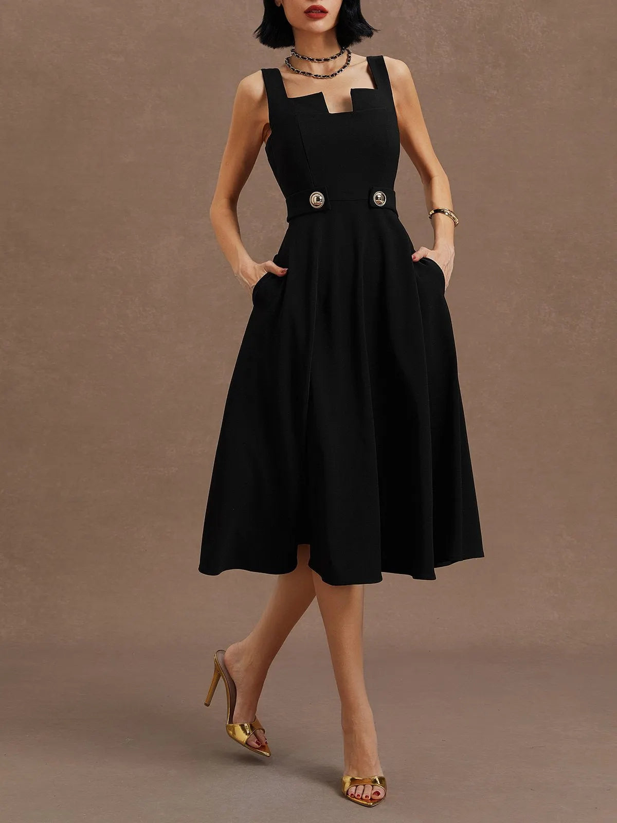 Black Buckle Notched Sleeveless A-Line Midi Dress With Pockets