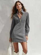 Stand-up Collar Half-zip Denim Patchwork Lace Mini Dress