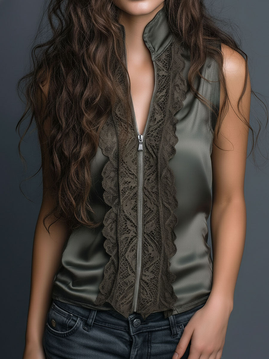 High Collar Olive Satin Lace Trim Sleeveless Blouse