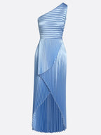 Blue Pleated Asymmetric Satin One Shoulder Sleeveless A-Line Maxi Dress