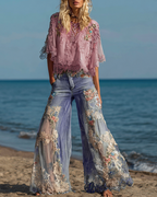 Summer Vacation Floral Embroidered Lace Pants & Top Two-Piece Set ae54