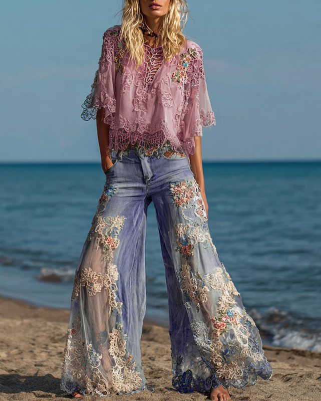 Summer Vacation Floral Embroidered Lace Pants & Top Two-Piece Set ae54
