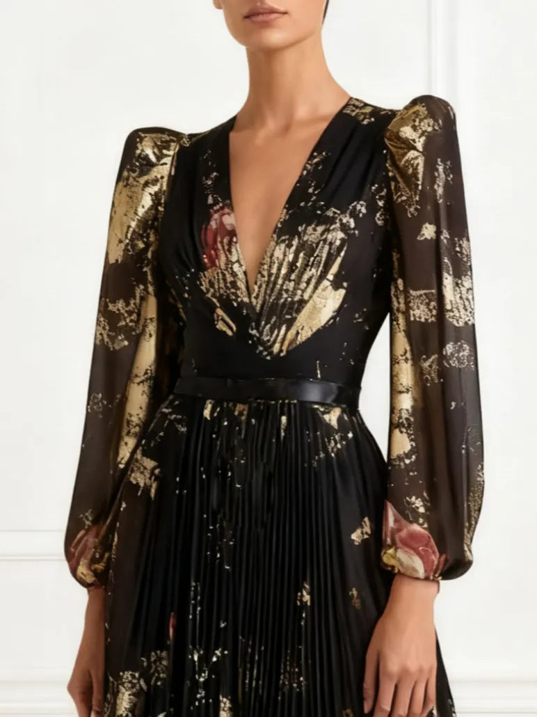 Black Floral Chiffon V Neck Long Sleeve Balloon Sleeve A-Line Maxi Dress