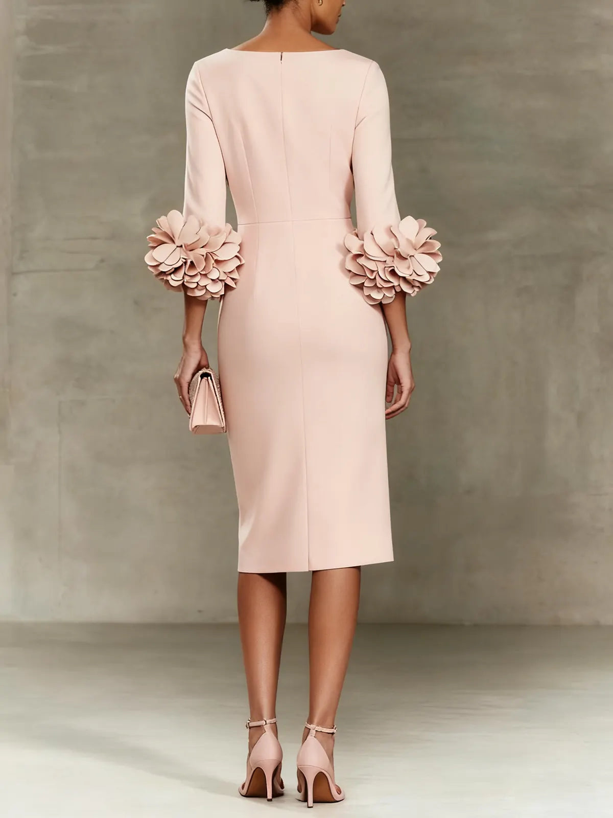 Light Pink 3D Floral Classic Crew Neck Half Sleeve Sheath Midi Dress