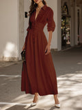 Maxi Cotton Dress, Long Sleeves, Shawl Collar, Plain, Button Design, Vintage, Brick Red