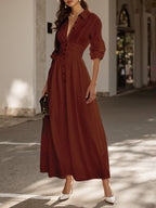 Maxi Cotton Dress, Long Sleeves, Shawl Collar, Plain, Button Design, Vintage, Brick Red