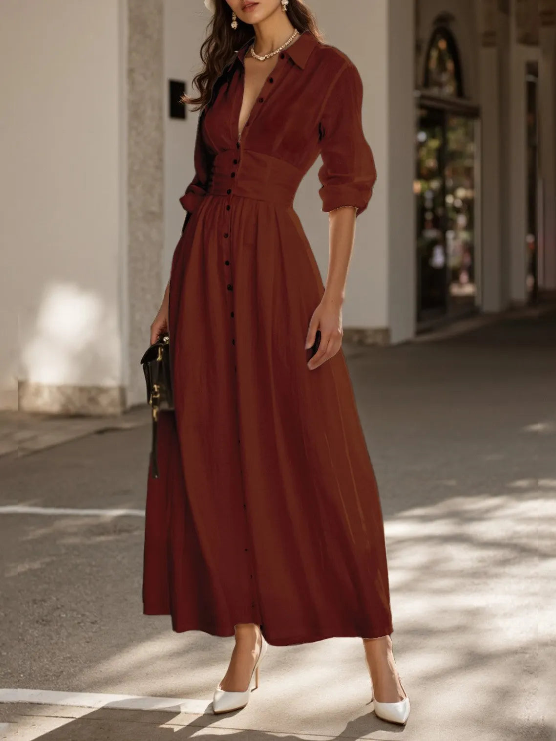 Maxi Cotton Dress, Long Sleeves, Shawl Collar, Plain, Button Design, Vintage, Brick Red