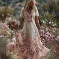 Women's Vintage Boho Pink Roses Floral Flowy Linen Maxi Dress