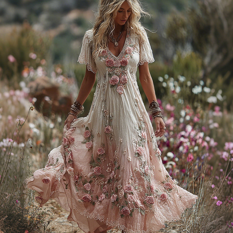 Women's Vintage Boho Pink Roses Floral Flowy Linen Maxi Dress