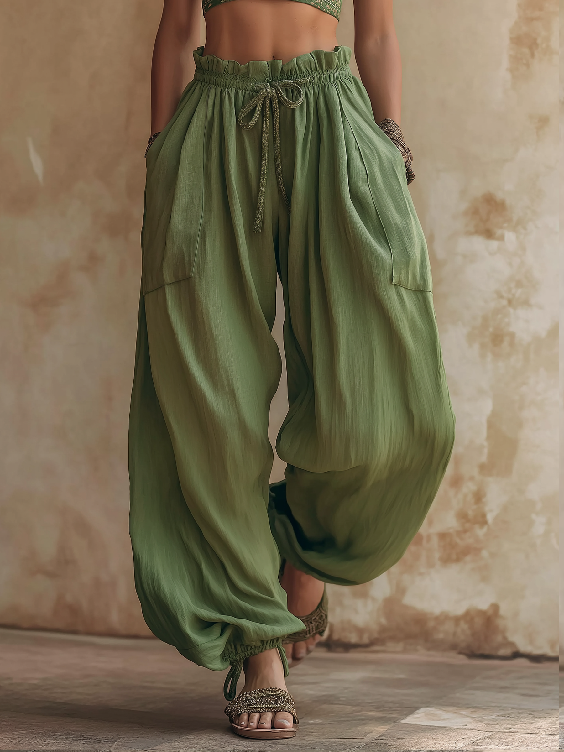 Olive Green High Waist Harem Pants For Summer Casual Wear