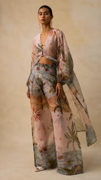 Tropical Voyage Print Sheer Cropped Top & Wide-Leg Pant Two-Piece