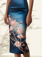 Modern Gradient Blue Satin Dress with Pink Floral Print