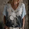 Butterfly Flower Embroidery Patchwork Striped Design Women's Summer Linen T-shirt