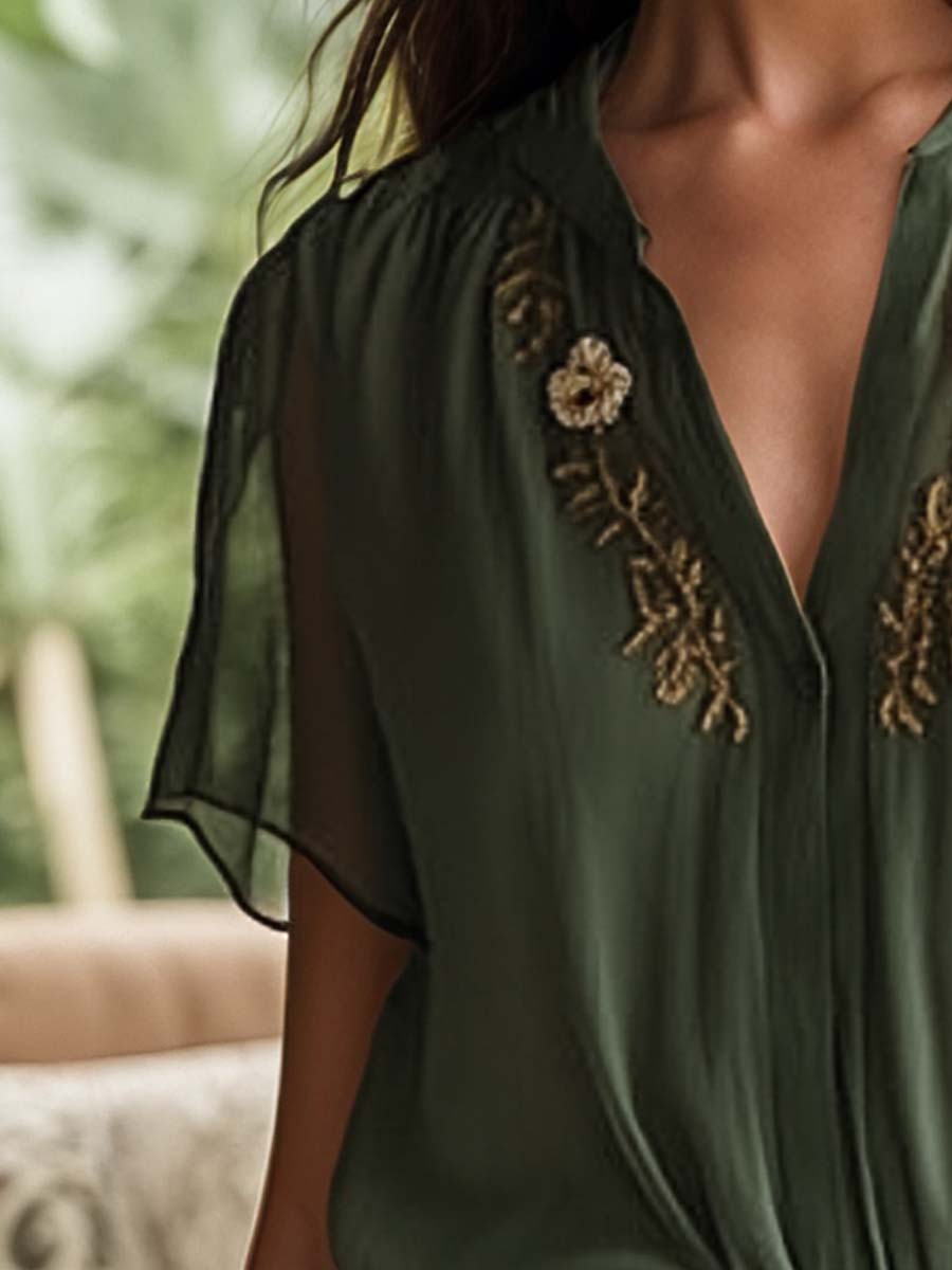 Vintage Embroidered Chiffon Short Sleeve Shirt