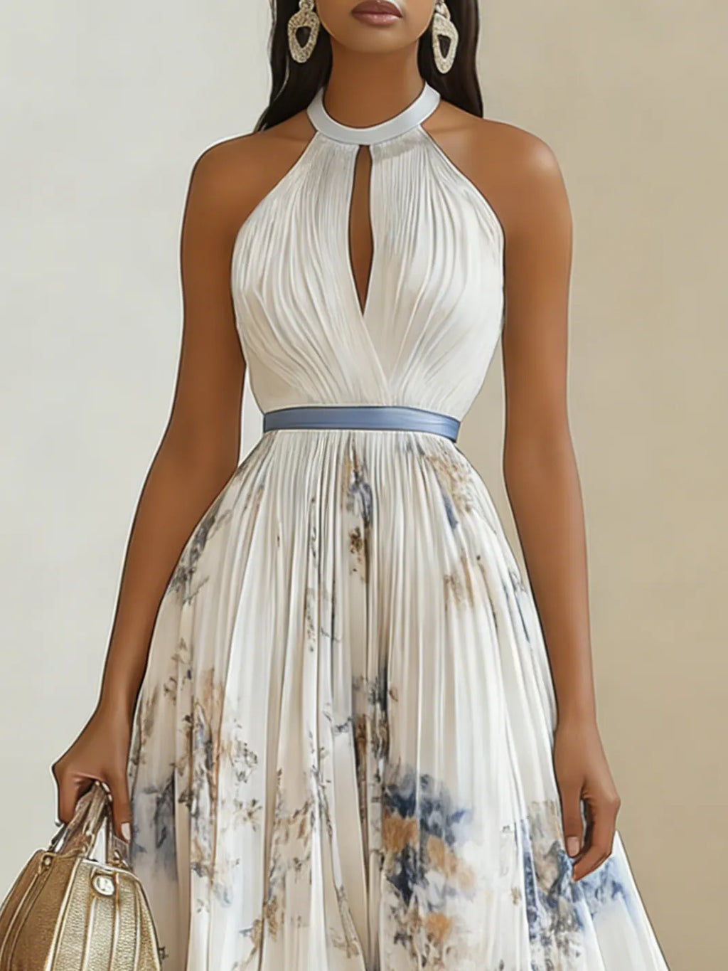 White Pleated Floral Chiffon Halter Sleeveless A-Line Maxi Dress