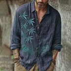 Men's Vintage Japanese Bamboo Embroidery Art Long Sleeve Linen Blend Shirt