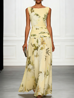 Light Green Floral Ruched Classic Boat Neck Sleeveless A-Line Floor-length Gown Dress