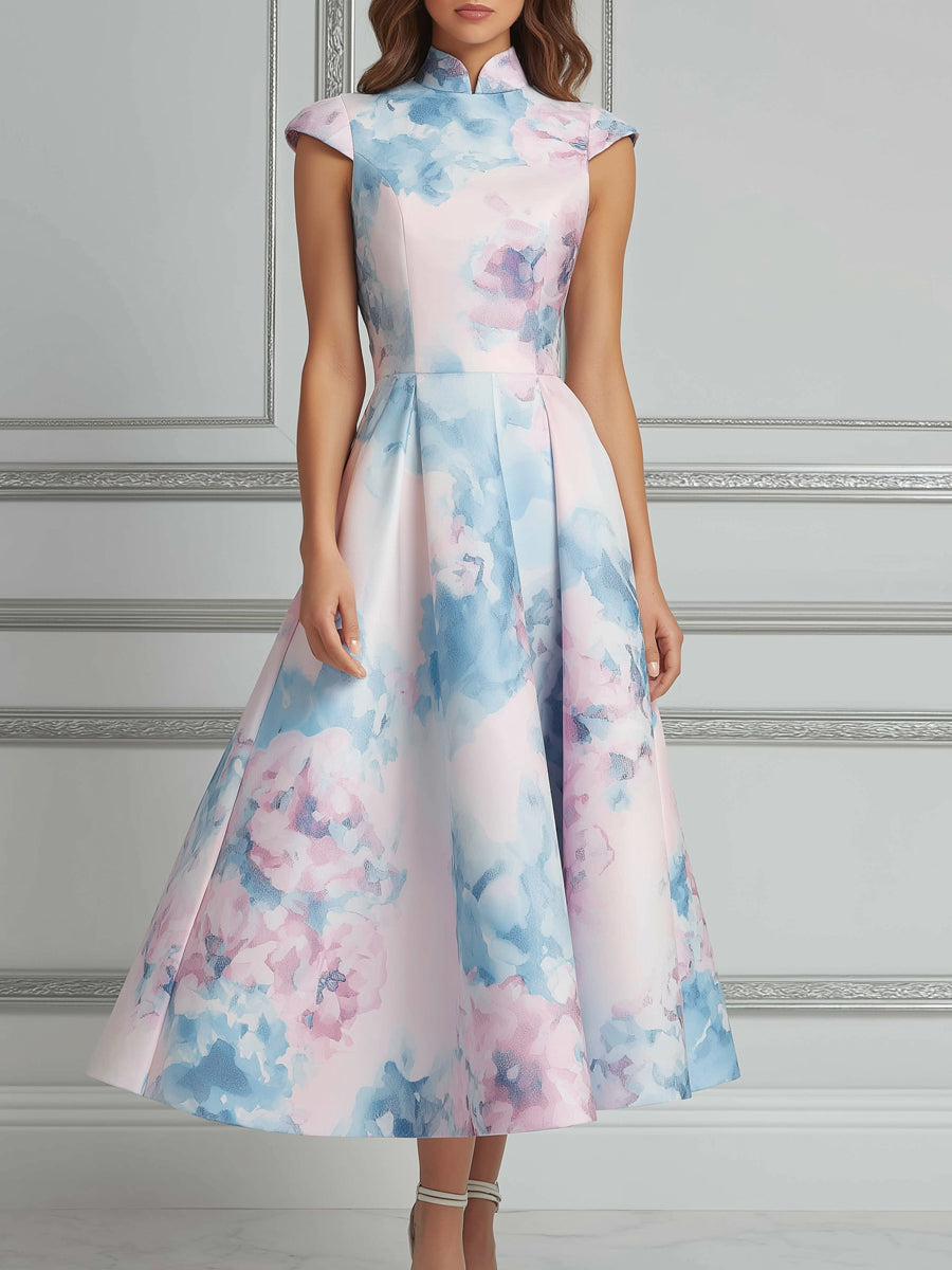Cheongsam Collar Midi Dress With Watercolor Floral Print
