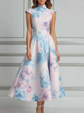 Cheongsam Collar Midi Dress With Watercolor Floral Print