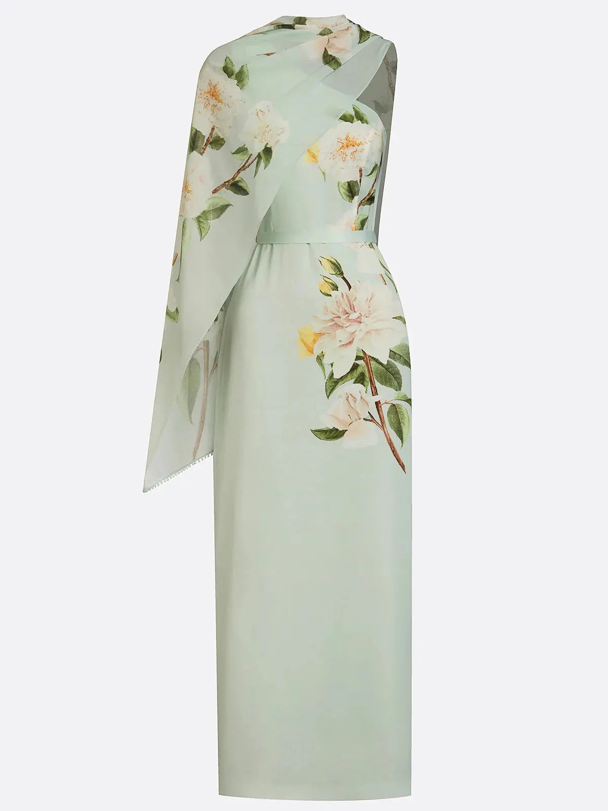 Light Green Floral Classic One Shoulder Sleeveless Sheath Maxi Dress