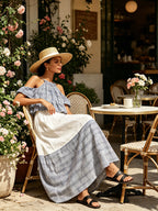 Blue & White Gingham Halter Cold-Shoulder Tiered Maxi Dress
