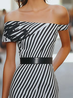Asymmetric Sleeve Striped Dress With Waist Belt