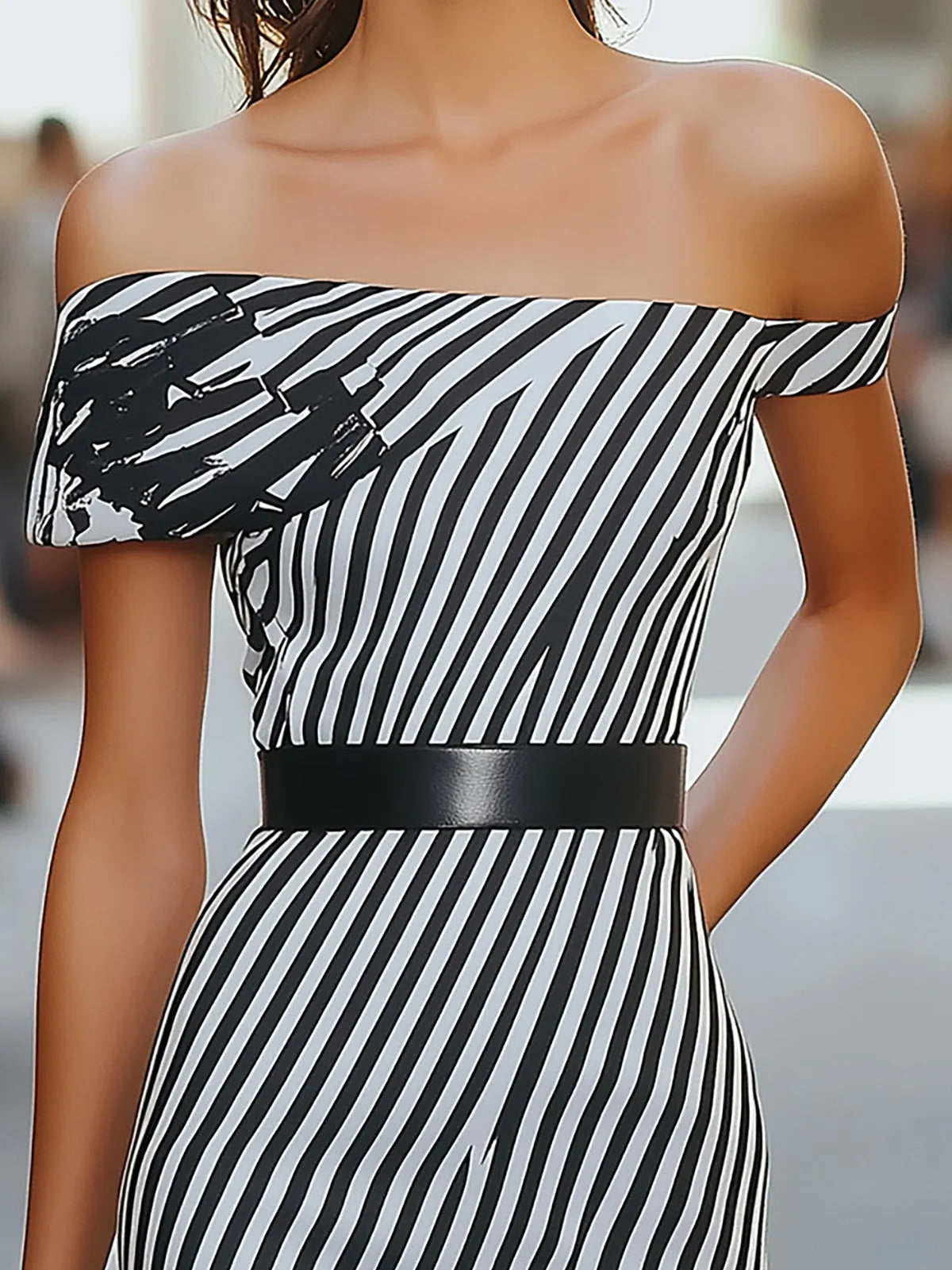 Asymmetric Sleeve Striped Dress With Waist Belt