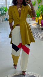Mustard Cinched Blazer & Geometric Print Wide Leg Pants Set