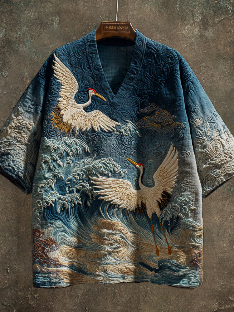 Vintage Japanese Crane Art Men's Linen V-neck Shirt