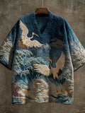 Vintage Japanese Crane Art Men's Linen V-neck Shirt