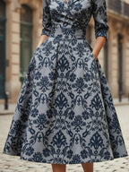 Midi Linen Dress, Half Sleeve, Shawl Collar, Paisley, Pocket Design, Vintage, Blue