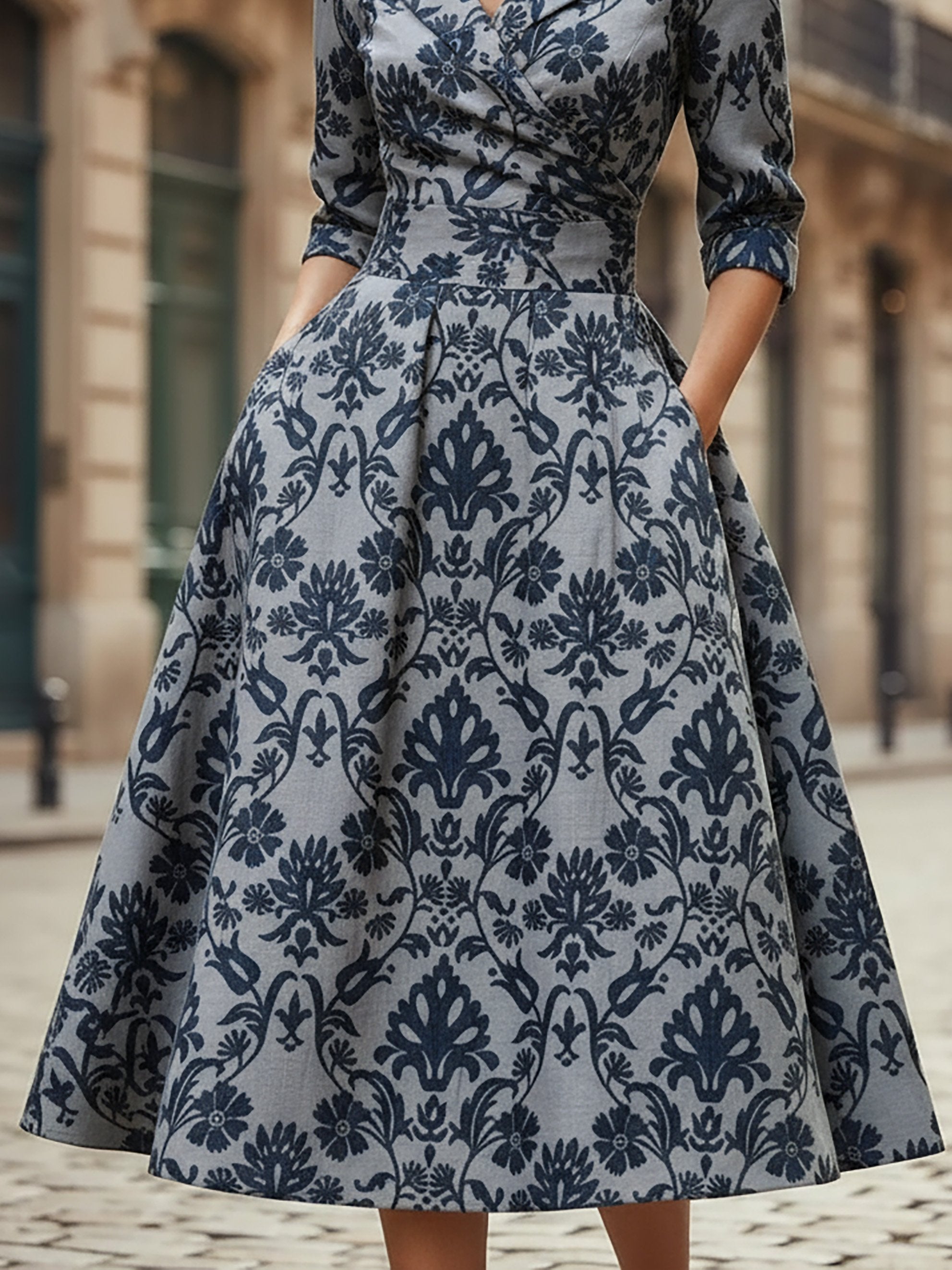 Midi Linen Dress, Half Sleeve, Shawl Collar, Paisley, Pocket Design, Vintage, Blue