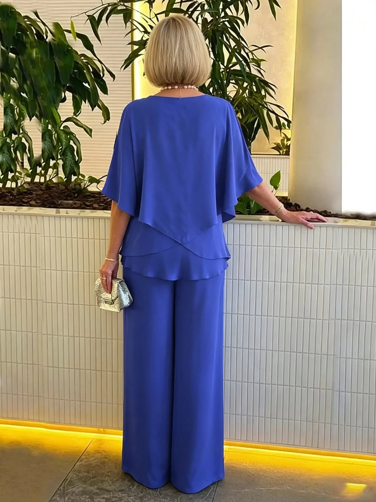 Women's 2 Piece Satin Pantsuit, V Neck Cape Flutter Sleeve Double Layer Tunic Top & Wide Leg Trousers, Elegant Loose Matching Outfit Set for Wedding Guest Formal Occasion