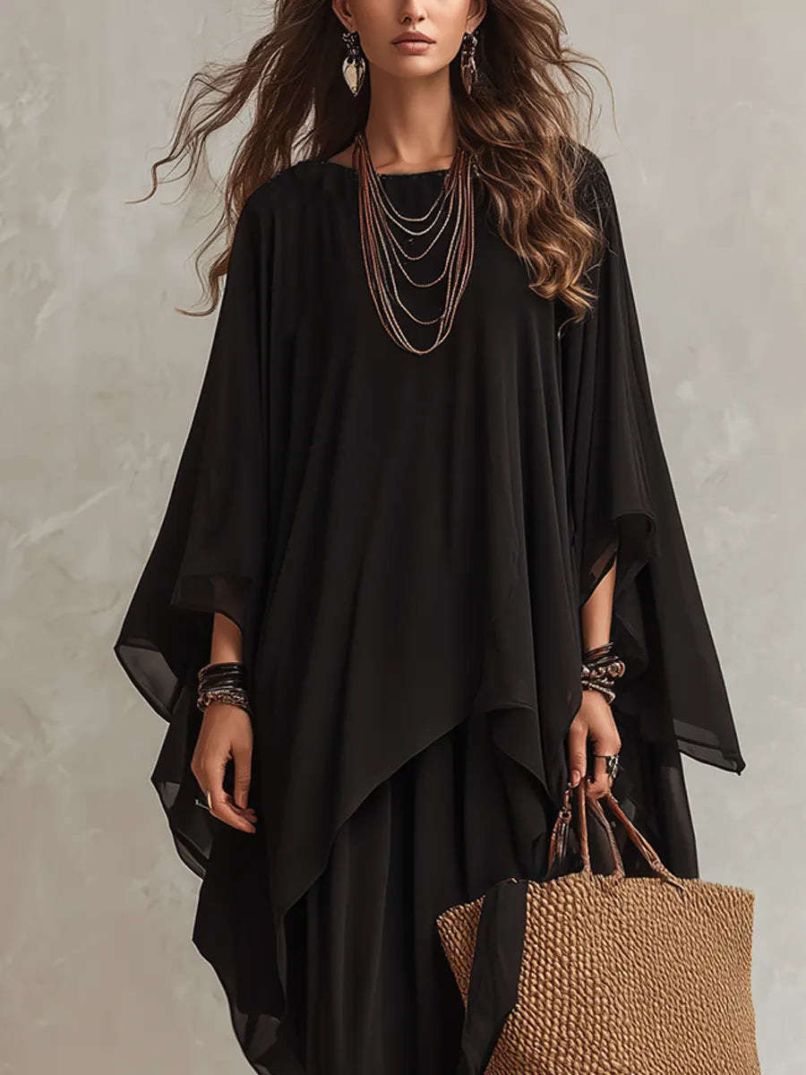 Bohemian Black Chiffon Asymmetrical Long Skirt