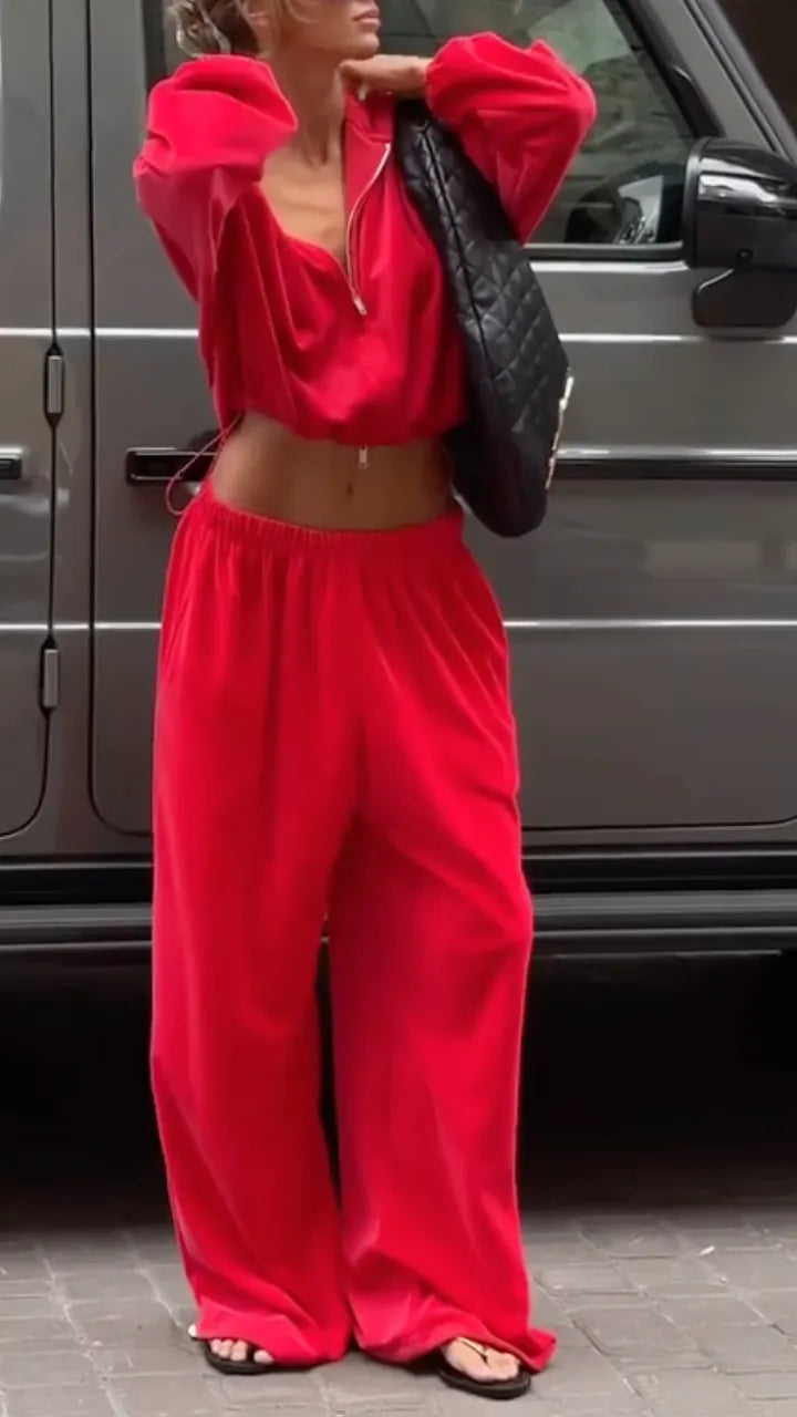 Red Velour Hooded Two Piece Tracksuit