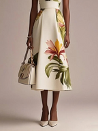 Beige Floral Boat Neck Sleeveless A-Line Midi Dress