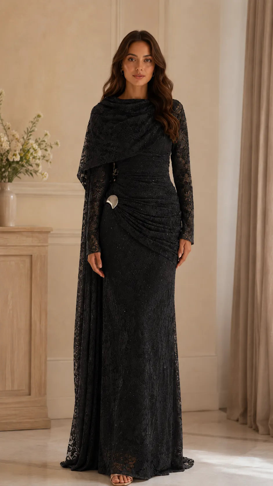 Beaded Lace Draped Cape Mermaid Gown