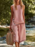 Casual Versatile Pink Cotton-Linen Crew-Neck Slits Top And Cropped Pants Set