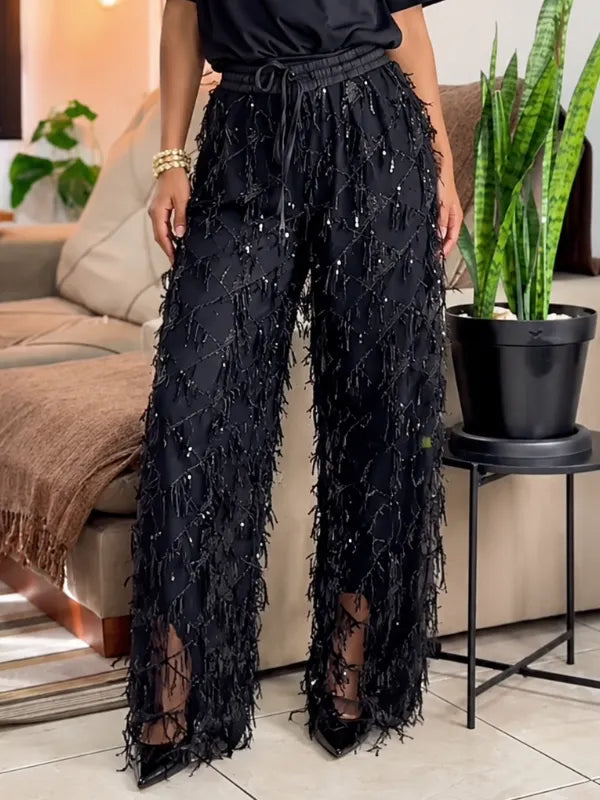 Black Sequin Fringe Flared Pants