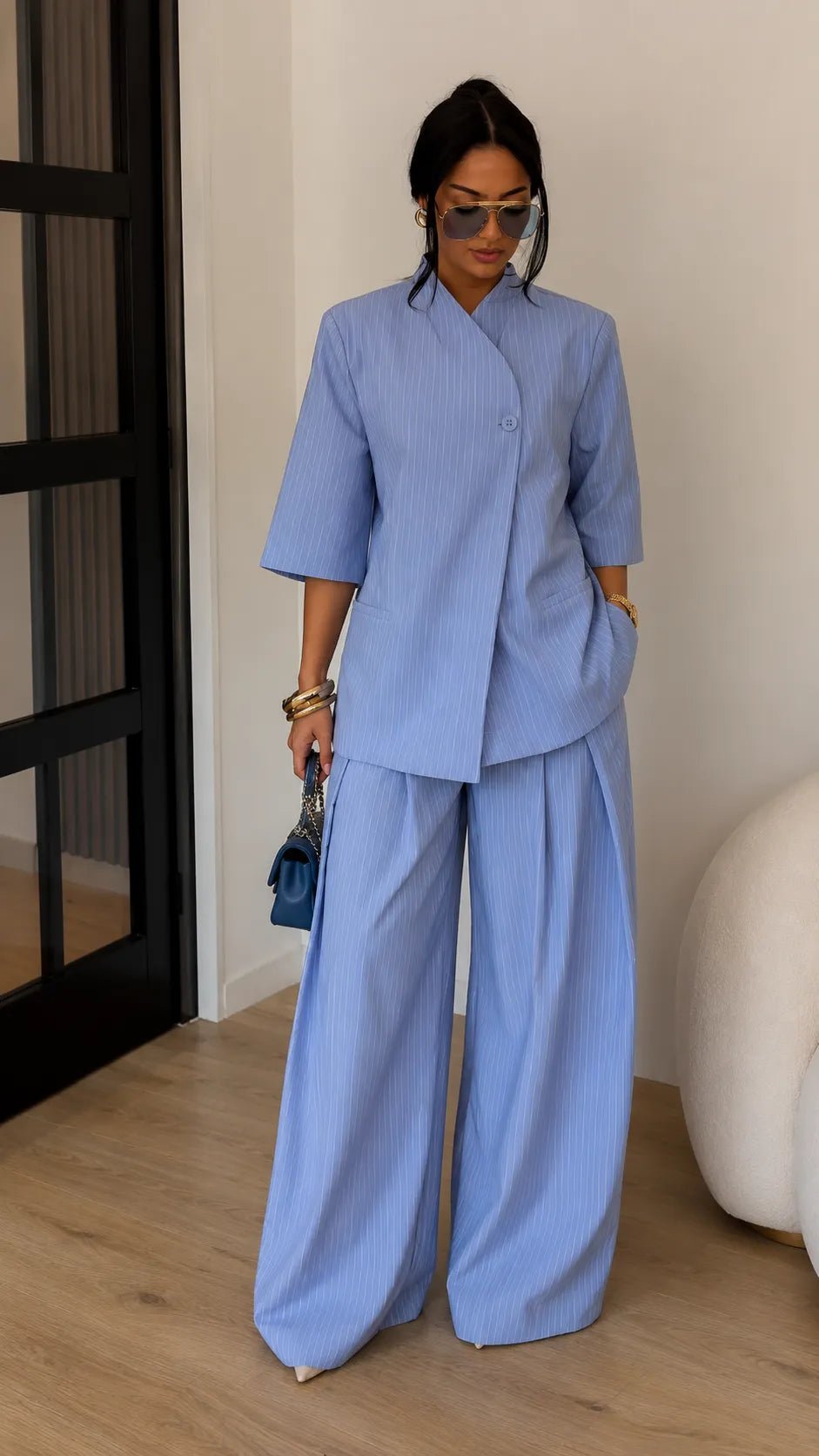 Stand Collar Blazer & Wide-Leg Pants Two-Piece