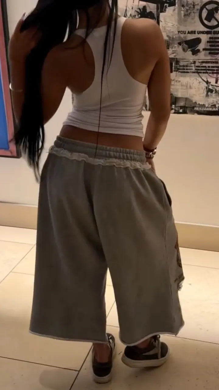 Distressed Graphic Print Cropped Sweat Shorts