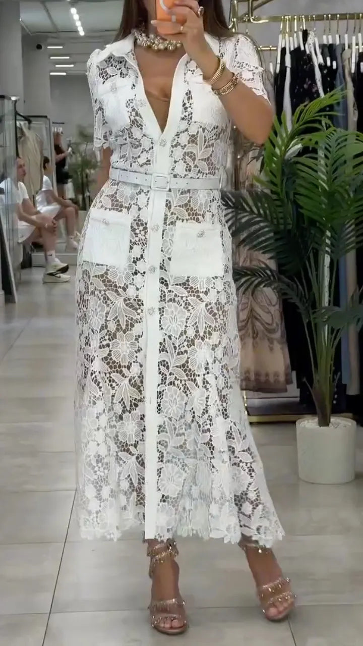 White Floral Lace Belted Shirt Midi Dress