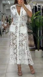White Floral Lace Belted Shirt Midi Dress