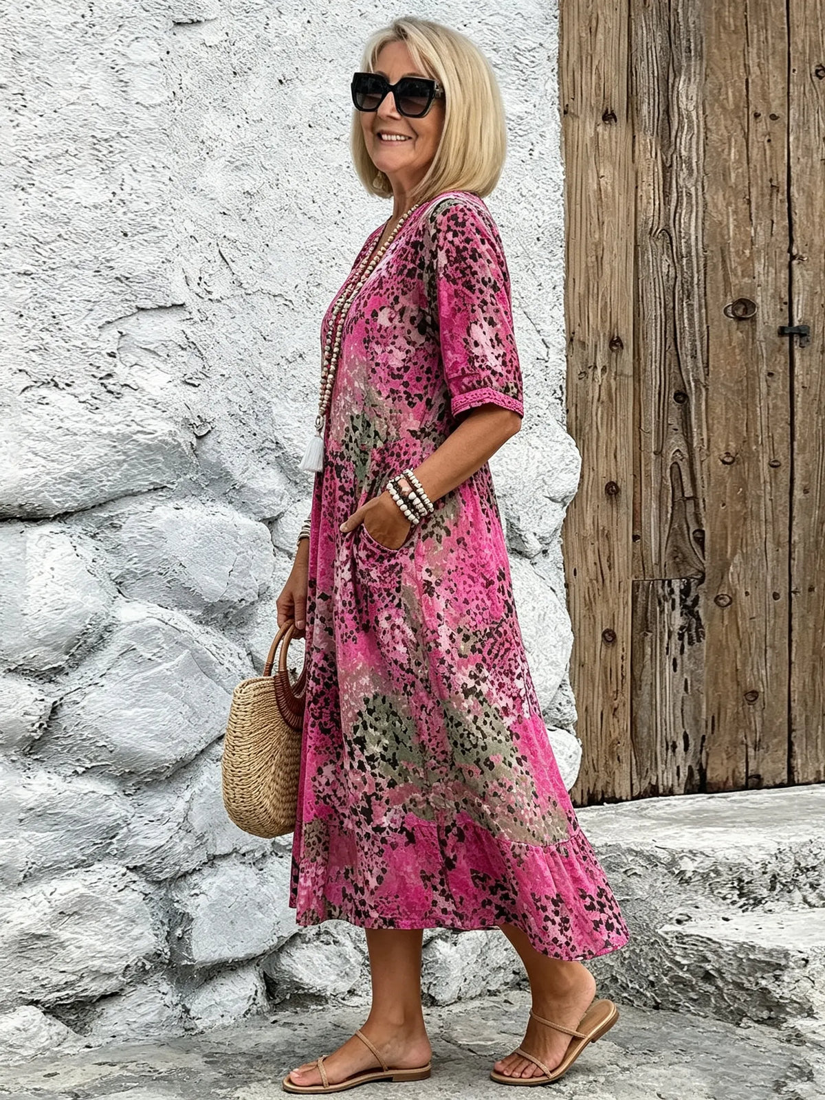Vacation DRESS Women's Short Sleeve Summer Leopard Lace Dress V Neck Daily Going Out Casual Knee Length A-Line Khaki