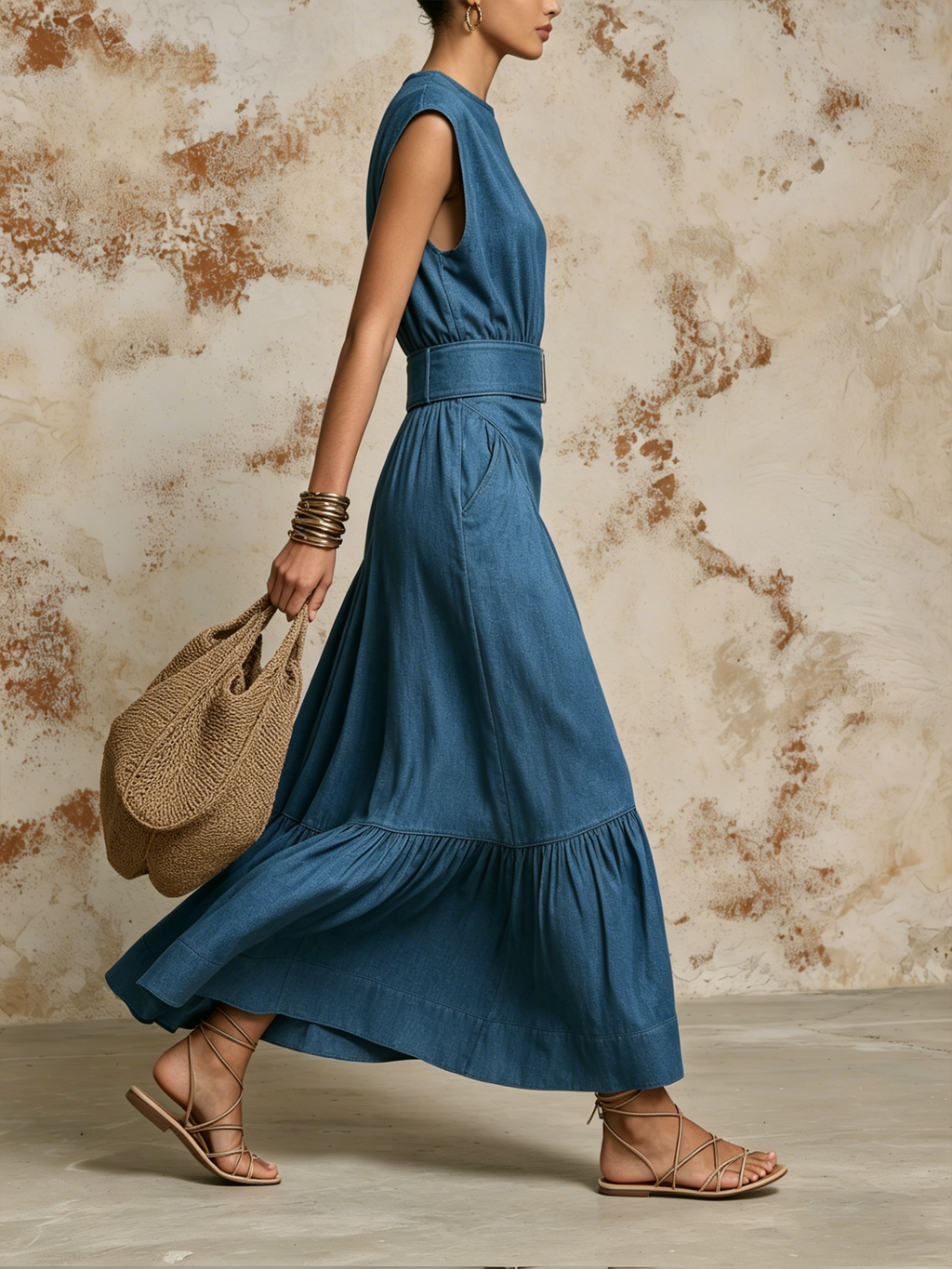 Blue Tencel Denim Belted Maxi Dress | Effortless Casual Chic Style